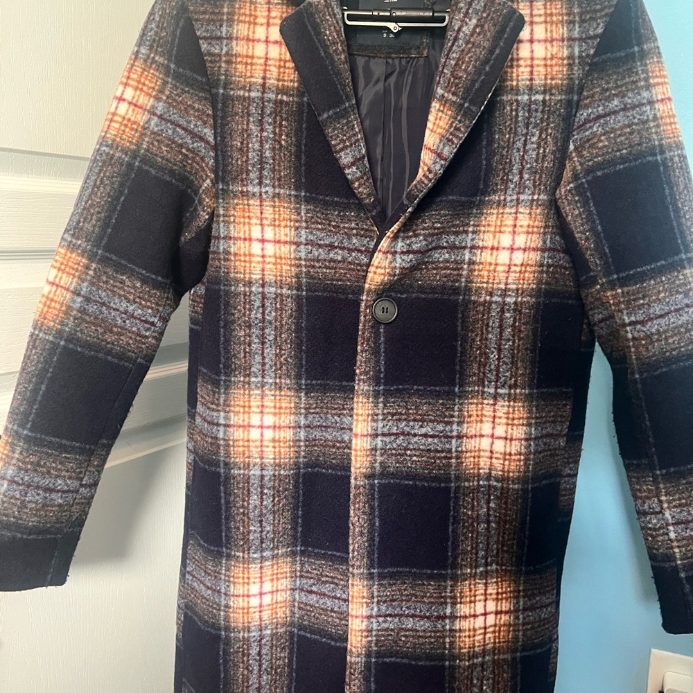 Pull&Bear Navy and Tan Plaid Pea Coat